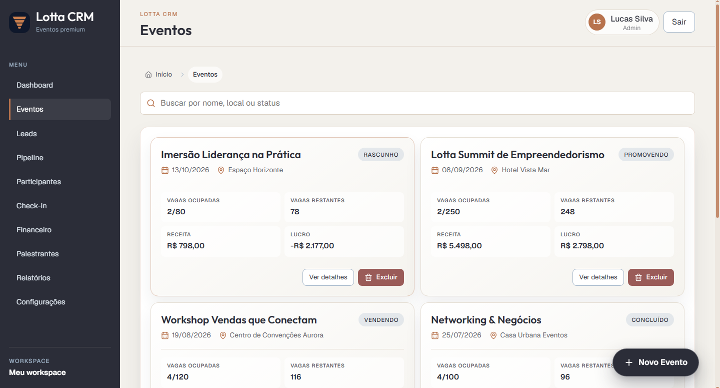 Página de eventos do Lotta CRM